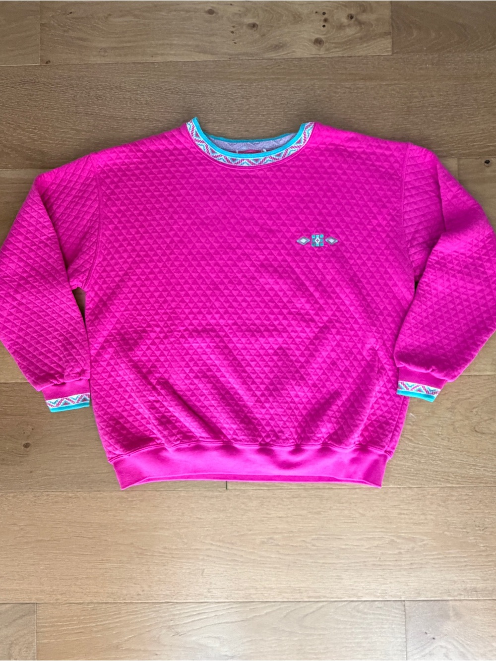 Vintage 80s Quilted Crewneck Sweatshirt Aztec Hot Pink Teal Southwestern Ski XL